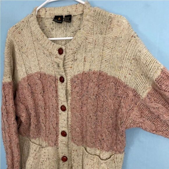 Vintage 90s LIZ CLAIBORNE Cardigan Women Cable Chunky Knit Wool Sweater Cream S - Picture 5 of 16
